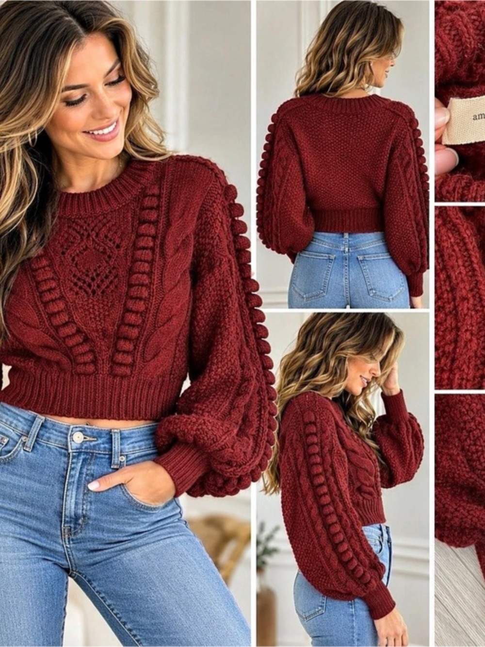 Anthropologie Burgundy Cable Knit Pom Pom Balloon Sleeve Sweater M